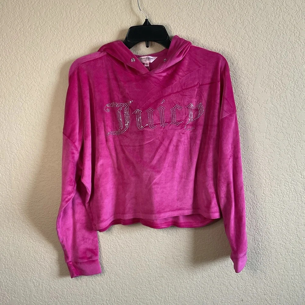 Juicy Couture Womens Pink Velour Cropped Hooded Lounge‎ PJ Hoodie Y2K Medium